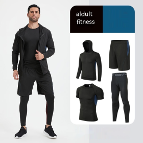 Fitness Suit Men's Morning Running Night Running Sports Quick-drying Five-piece Tights Foot Basketball Training Wear Wholesale (Option: Black And Blue Four Pieces-L)