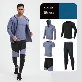 Fitness Suit Men's Morning Running Night Running Sports Quick-drying Five-piece Tights Foot Basketball Training Wear Wholesale (Option: Space Blue 5piece-L)