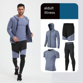 Fitness Suit Men's Morning Running Night Running Sports Quick-drying Five-piece Tights Foot Basketball Training Wear Wholesale (Option: Blue Four Set-L)